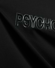 Black Mens Joji Wordmark Graphic Tee crafted from smooth jersey knit, showcasing a prominent, raised, glossy silver-outlined PSYCHO wordmark graphic across the chest.