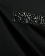 Black Mens Joji Wordmark Graphic Tee crafted from smooth jersey knit, showcasing a prominent, raised, glossy silver-outlined PSYCHO wordmark graphic across the chest.