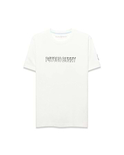 Mens Joji Wordmark Graphic Tee, a cream classic fit jersey t-shirt featuring a large outlined PSYCHO BUNNY chest graphic, blue neck tape, and a small blue Psycho Bunny tag on the left sleeve.