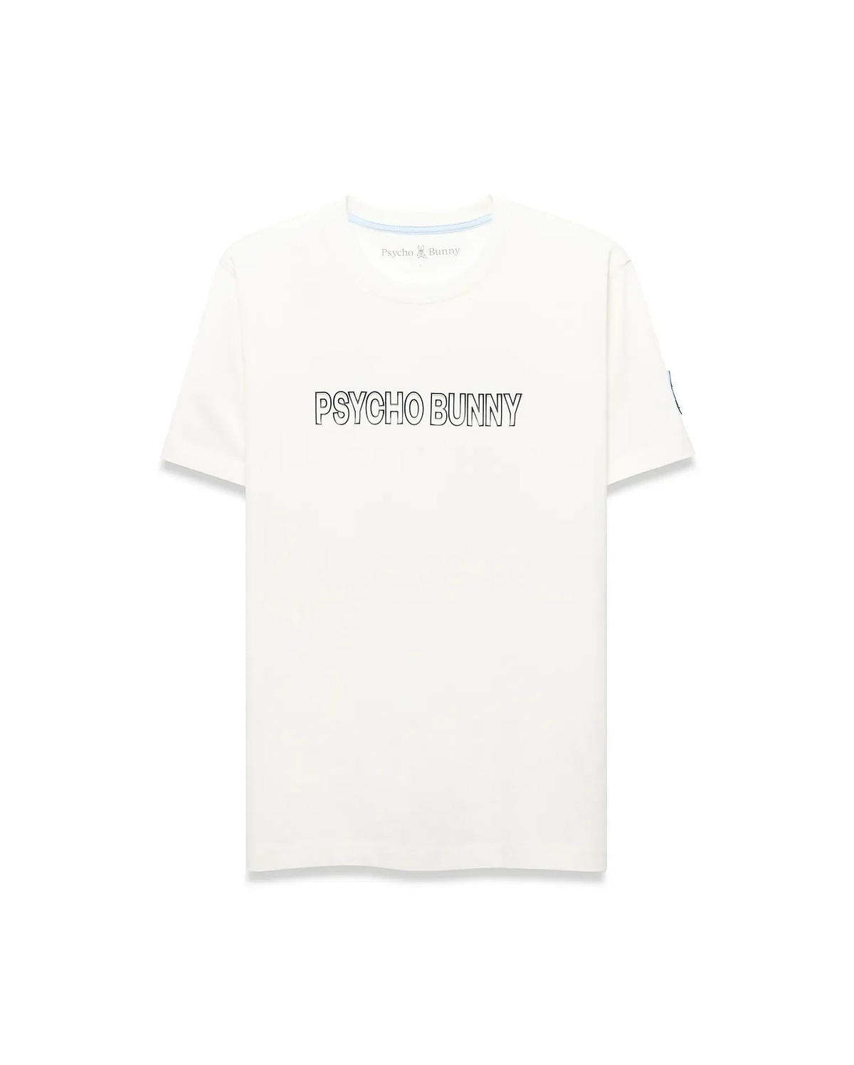Mens Joji Wordmark Graphic Tee, a cream classic fit jersey t-shirt featuring a large outlined PSYCHO BUNNY chest graphic, blue neck tape, and a small blue Psycho Bunny tag on the left sleeve.