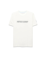 Mens Joji Wordmark Graphic Tee, a cream classic fit jersey t-shirt featuring a large outlined PSYCHO BUNNY chest graphic, blue neck tape, and a small blue Psycho Bunny tag on the left sleeve.