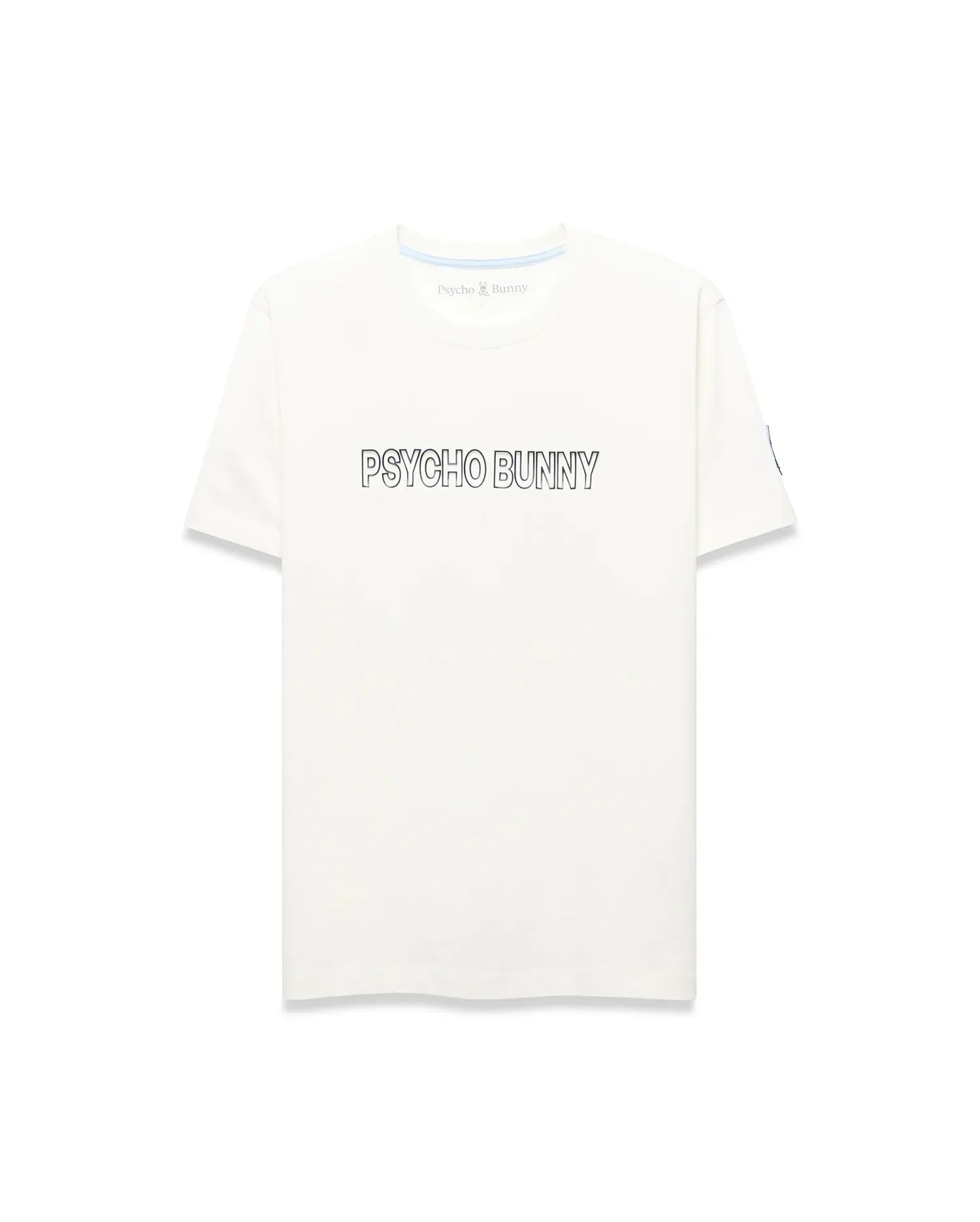 Mens Joji Wordmark Graphic Tee, a cream classic fit jersey t-shirt featuring a large outlined PSYCHO BUNNY chest graphic, blue neck tape, and a small blue Psycho Bunny tag on the left sleeve.