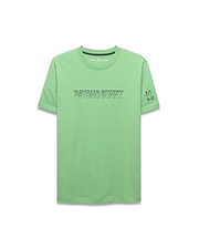 Mens Joji Wordmark Graphic Tee, vibrant light green classic fit jersey t-shirt with a large outlined PSYCHO BUNNY graphic on the chest and an embroidered bunny skull logo on the left sleeve. (5)