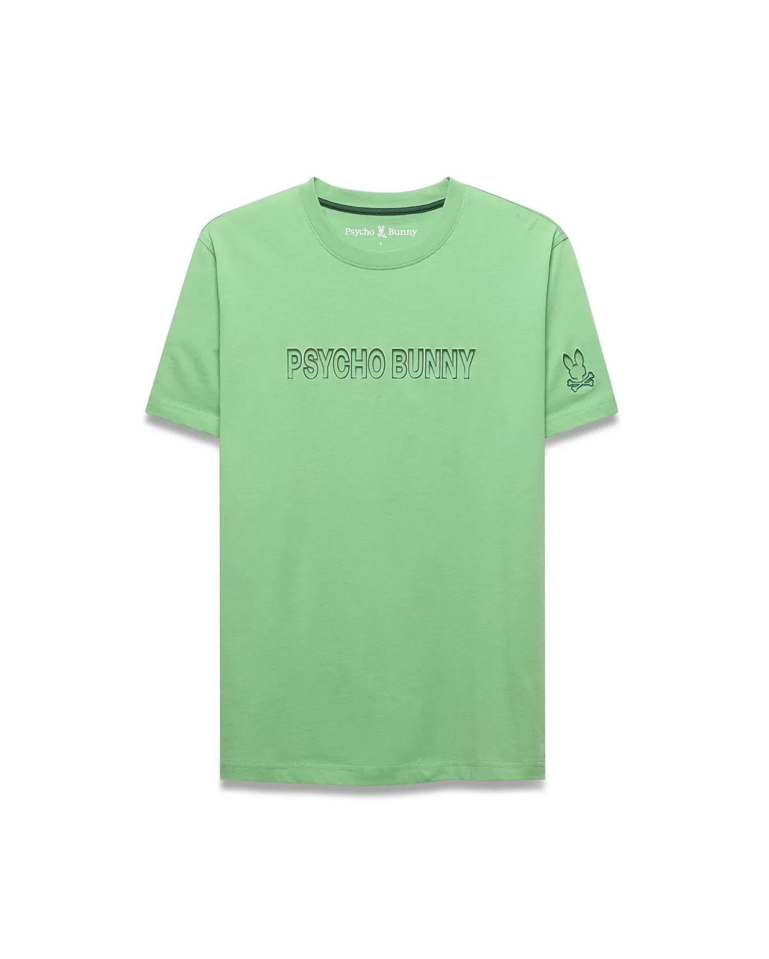 Mens Joji Wordmark Graphic Tee, vibrant light green classic fit jersey t-shirt with a large outlined PSYCHO BUNNY graphic on the chest and an embroidered bunny skull logo on the left sleeve. (5)