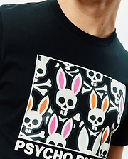 Mens Byron Graphic Tee, black jersey knit, classic fit, with a large chest graphic of white bunny skulls, pink, orange, and light blue ears, crossbones, and PSYCHO BUNNY text. (3)