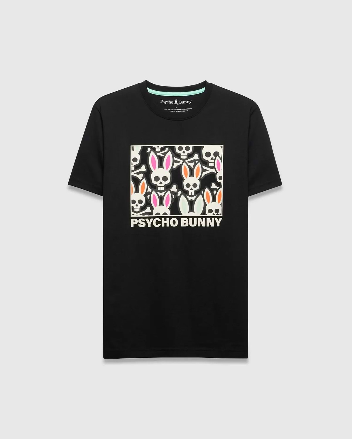 Mens Byron Graphic Tee, black jersey with a classic fit, featuring a large chest graphic of white, pink, and orange bunny skulls and crossbones, with Psycho Bunny text below. (1)
