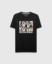 Mens Byron Graphic Tee, black jersey with a classic fit, featuring a large chest graphic of white, pink, and orange bunny skulls and crossbones, with Psycho Bunny text below. (1)