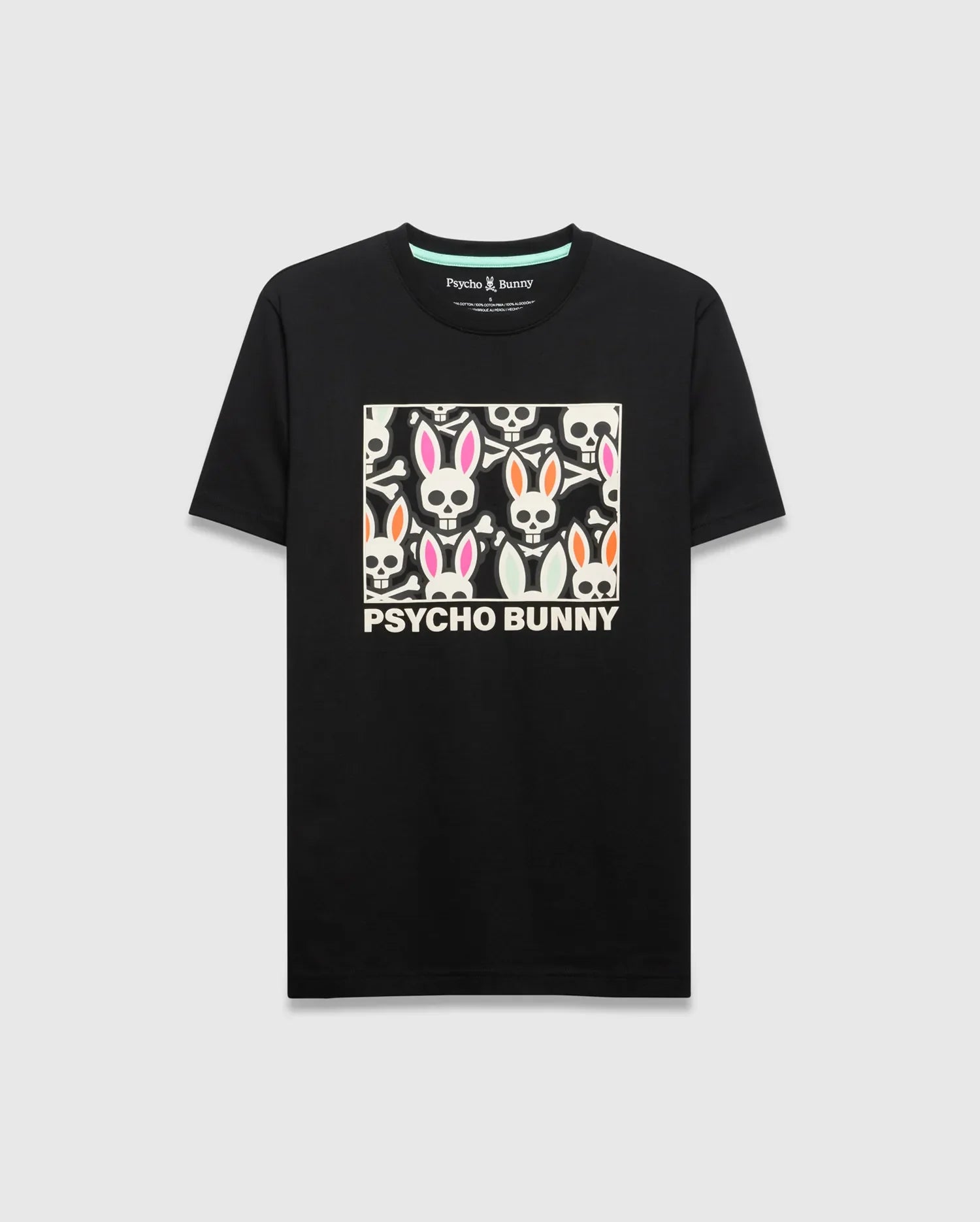 Mens Byron Graphic Tee, black jersey with a classic fit, featuring a large chest graphic of white, pink, and orange bunny skulls and crossbones, with Psycho Bunny text below. (1)