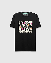 Mens Byron Graphic Tee, black jersey with a classic fit, featuring a large chest graphic of white, pink, and orange bunny skulls and crossbones, with Psycho Bunny text below. (1)