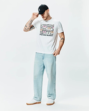 White classic fit jersey T-shirt, Mens Byron Graphic Tee, featuring a large central chest graphic of colorful Psycho Bunny skull logos in pink, green, and orange with black outlines and PSYCHO BUNNY text. (5)
