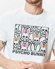 White Mens Byron Graphic Tee, a classic fit jersey t-shirt with a large chest graphic featuring colorful pink, orange, and mint green bunny skulls with crossbones and Psycho Bunny text. (3)