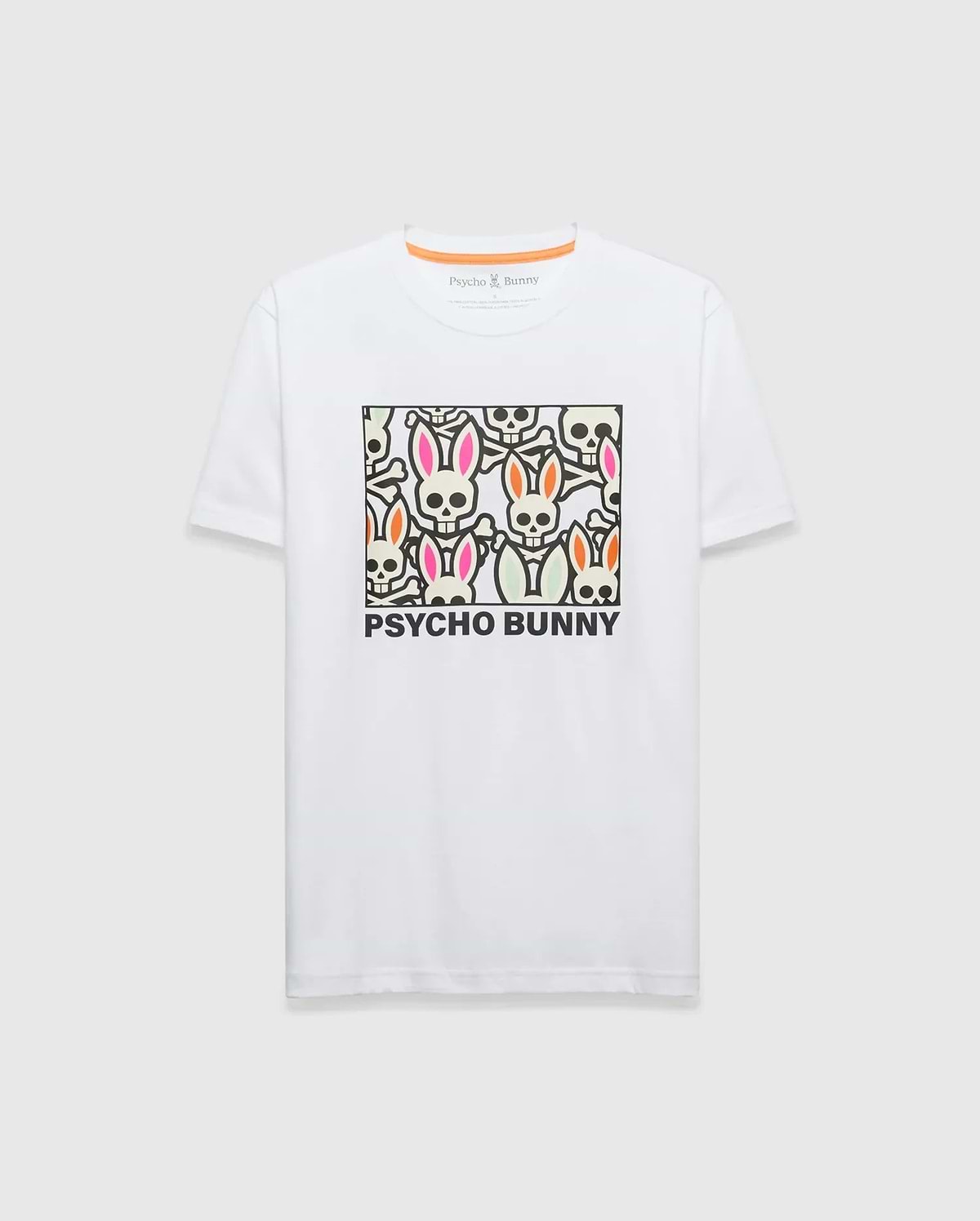 White Mens Byron Graphic Tee, classic jersey, featuring a large central graphic of stylized bunny skulls with pink, orange, green ears, and bold PSYCHO BUNNY text. Small embroidered logo on upper chest. (1)