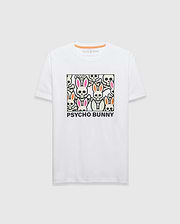 White Mens Byron Graphic Tee, classic jersey, featuring a large central graphic of stylized bunny skulls with pink, orange, green ears, and bold PSYCHO BUNNY text. Small embroidered logo on upper chest. (1)