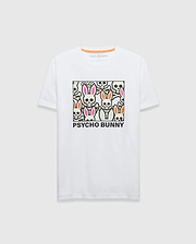White Mens Byron Graphic Tee, classic jersey, featuring a large central graphic of stylized bunny skulls with pink, orange, green ears, and bold PSYCHO BUNNY text. Small embroidered logo on upper chest. (1)