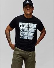 Mens Lawrence Graphic Tee, black classic fit jersey t-shirt with a large white and grey fading repeated PSYCHO BUNNY text graphic on the chest. (2)