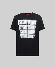 Mens Lawrence Graphic Tee, black classic fit jersey t-shirt featuring a large, central, blurred white repeated Psycho Bunny text graphic and a subtle red inner collar detail. (1)