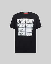 Mens Lawrence Graphic Tee, black classic fit jersey t-shirt featuring a large, central, blurred white repeated Psycho Bunny text graphic and a subtle red inner collar detail. (1)