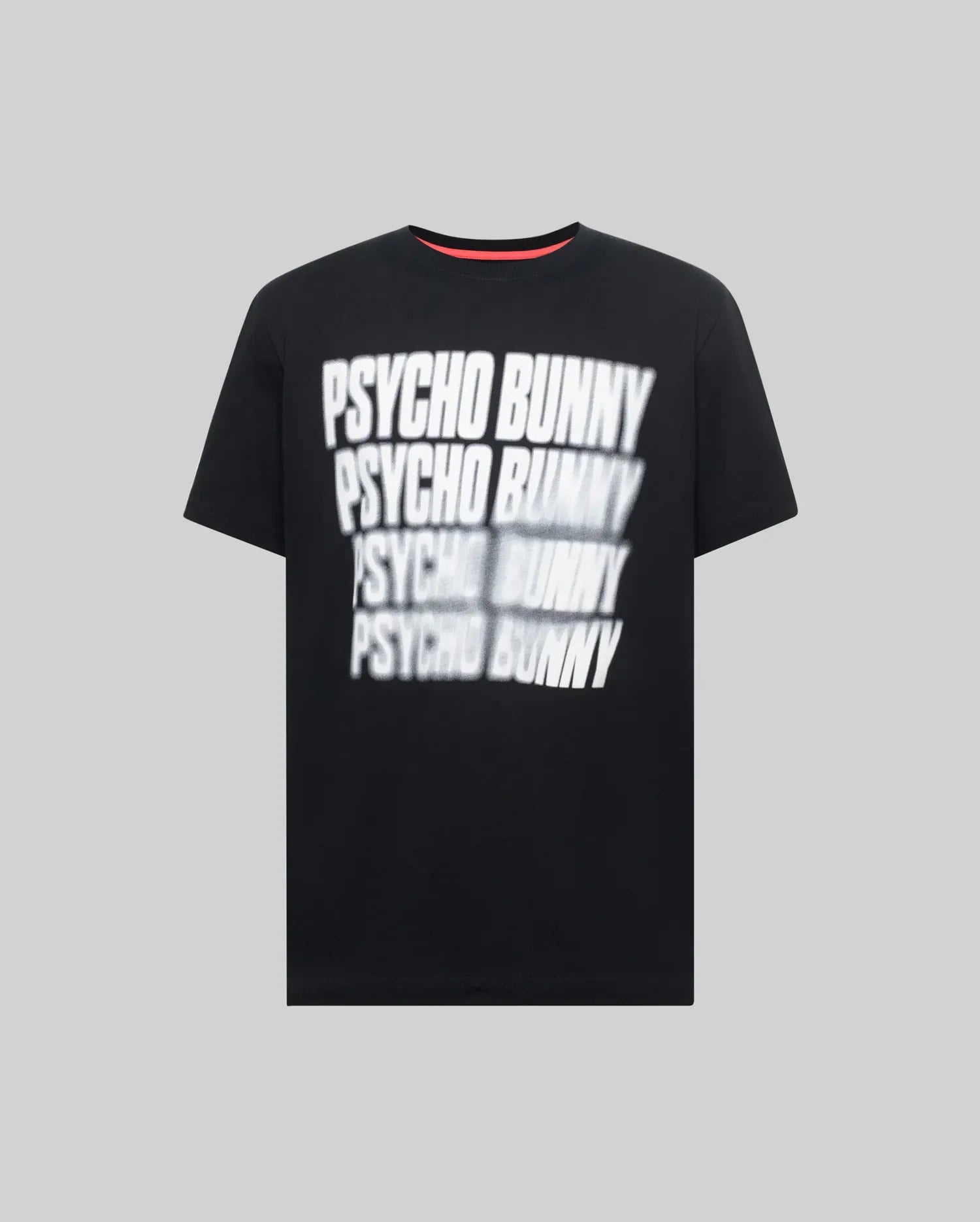 Mens Lawrence Graphic Tee, black classic fit jersey t-shirt featuring a large, central, blurred white repeated Psycho Bunny text graphic and a subtle red inner collar detail. (1)