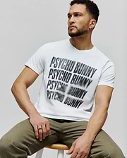 Mens Lawrence Graphic Tee, white classic fit jersey t-shirt featuring a large, central, blurred black and grey repeated Psycho Bunny text graphic. (4)