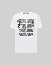 Mens Lawrence Graphic Tee, a white classic fit jersey t-shirt featuring a large, central, blurred grey and black PSYCHO BUNNY text graphic on the chest with a subtle teal inner collar trim. (6)
