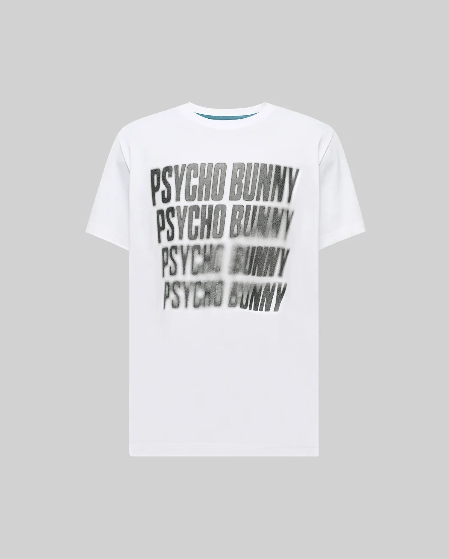 Mens Lawrence Graphic Tee, a white classic fit jersey t-shirt featuring a large, central, blurred grey and black PSYCHO BUNNY text graphic on the chest with a subtle teal inner collar trim. (6)