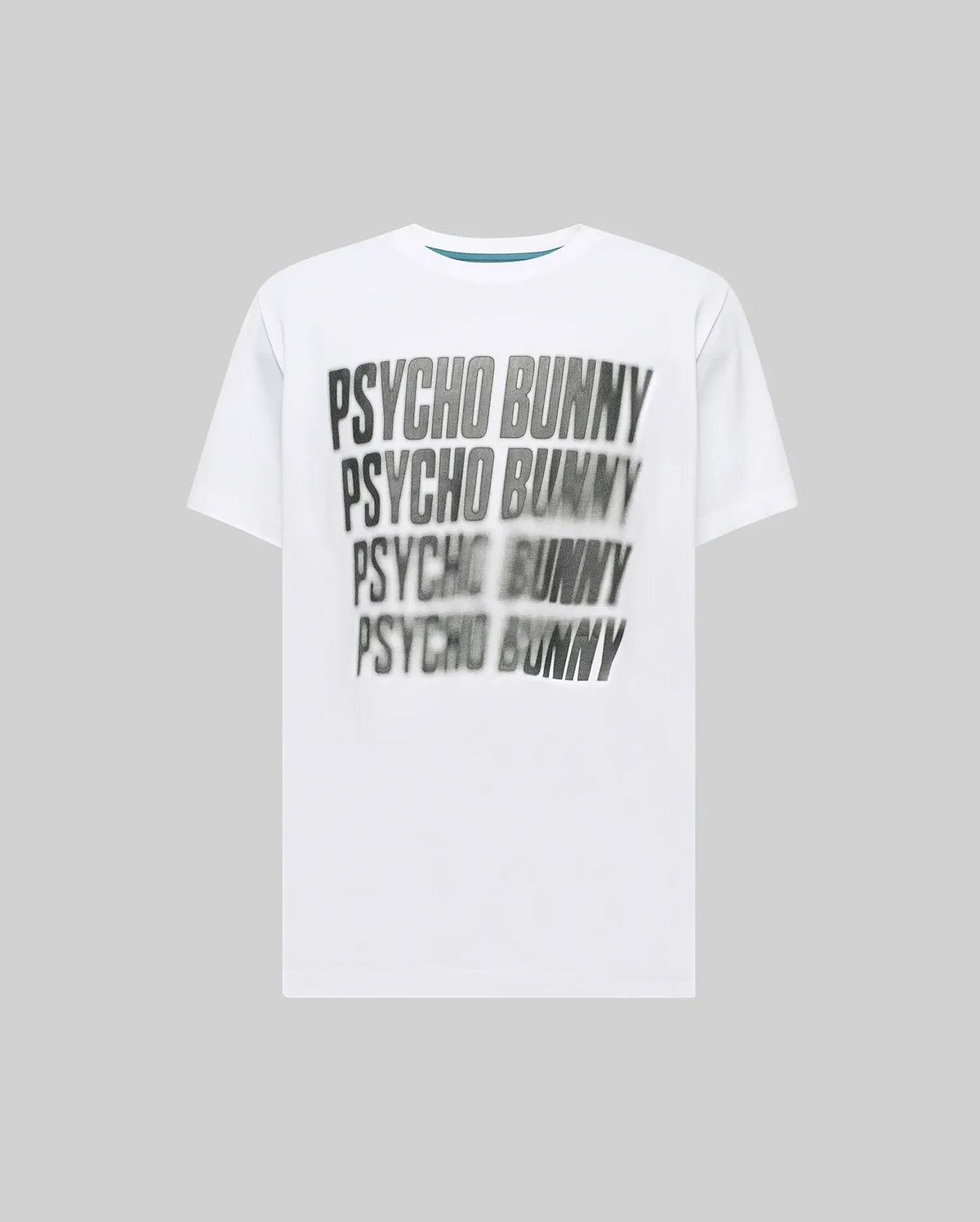 Mens Lawrence Graphic Tee, a white classic fit jersey t-shirt featuring a large, central, blurred grey and black PSYCHO BUNNY text graphic on the chest with a subtle teal inner collar trim. (6)