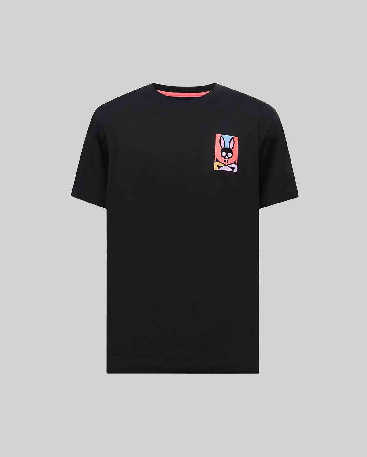 Black classic fit soft jersey T-shirt featuring an iconic rainbow gradient Psycho Bunny skull logo graphic on the left chest and a neon pink inner neckline. Mens Raphael Back Graphic Tee. (5)