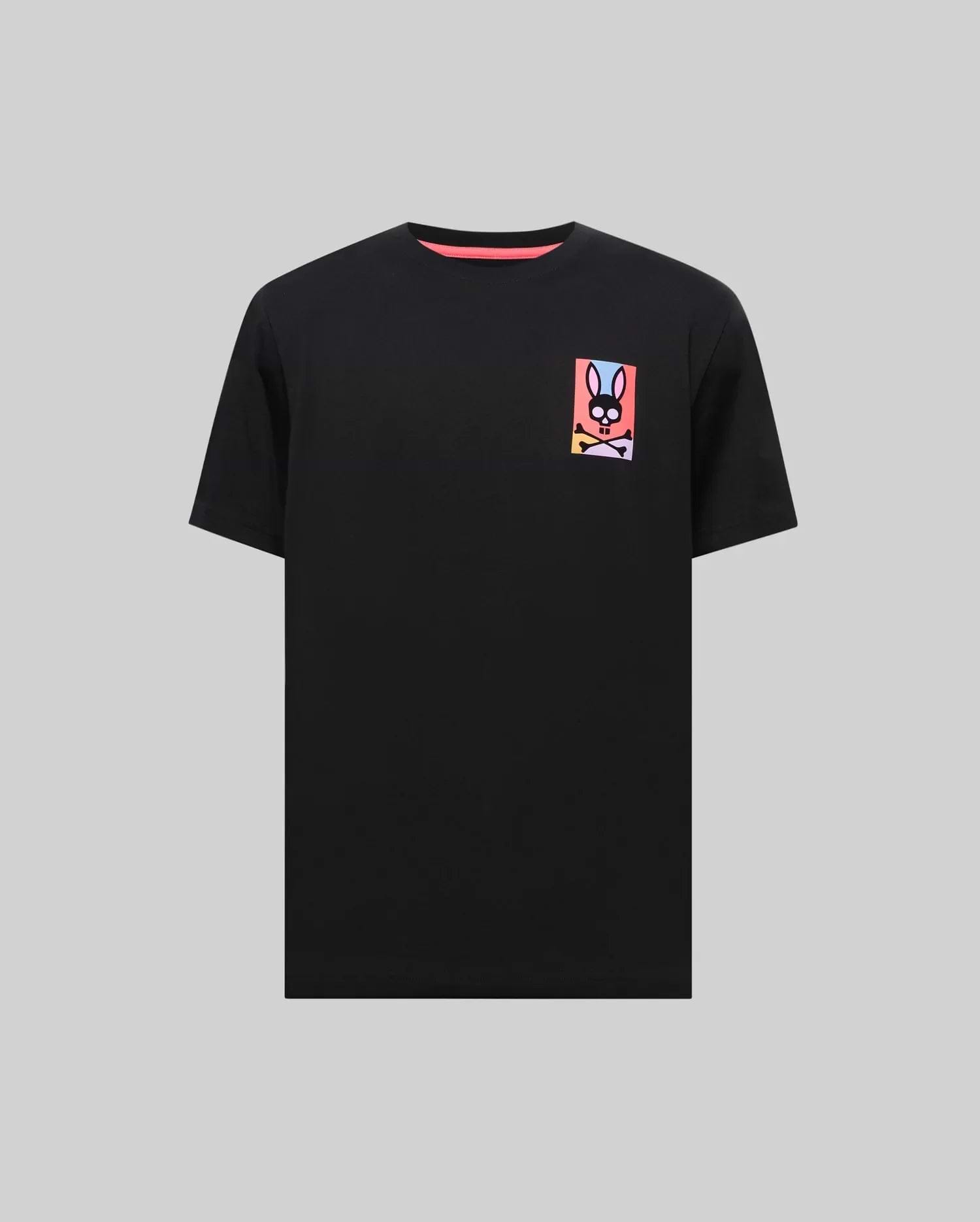 Black classic fit soft jersey T-shirt featuring an iconic rainbow gradient Psycho Bunny skull logo graphic on the left chest and a neon pink inner neckline. Mens Raphael Back Graphic Tee. (5)
