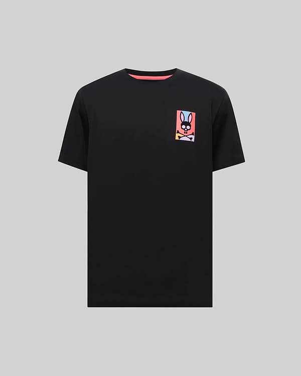 Black classic fit soft jersey T-shirt featuring an iconic rainbow gradient Psycho Bunny skull logo graphic on the left chest and a neon pink inner neckline. Mens Raphael Back Graphic Tee. (5)