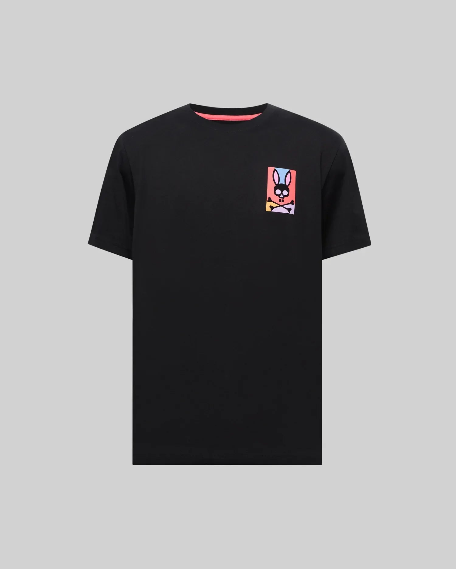 Black classic fit soft jersey T-shirt featuring an iconic rainbow gradient Psycho Bunny skull logo graphic on the left chest and a neon pink inner neckline. Mens Raphael Back Graphic Tee. (5)