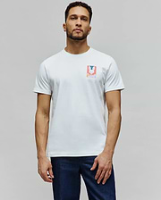 Mens Raphael Back Graphic Tee, a classic fit white jersey t-shirt featuring a small, colorful rectangular chest graphic of the iconic Psycho Bunny skull and crossbones logo in pink, blue, orange, and purple. (4)