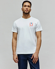 Mens Raphael Back Graphic Tee, a classic fit white jersey t-shirt featuring a small, colorful rectangular chest graphic of the iconic Psycho Bunny skull and crossbones logo in pink, blue, orange, and purple. (4)