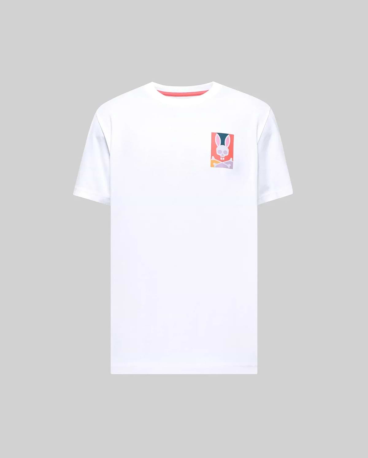 Mens Raphael Back Graphic Tee, a classic fit white jersey t-shirt featuring a small, vibrant multi-color Psycho Bunny skull logo graphic print on the left chest. (3)