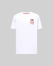 Mens Raphael Back Graphic Tee, a classic fit white jersey t-shirt featuring a small, vibrant multi-color Psycho Bunny skull logo graphic print on the left chest. (3)