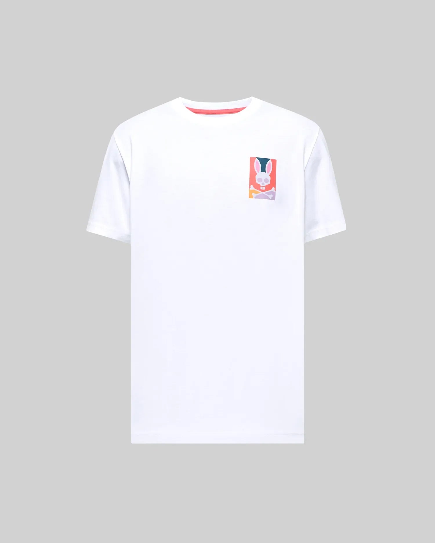 Mens Raphael Back Graphic Tee, a classic fit white jersey t-shirt featuring a small, vibrant multi-color Psycho Bunny skull logo graphic print on the left chest. (3)