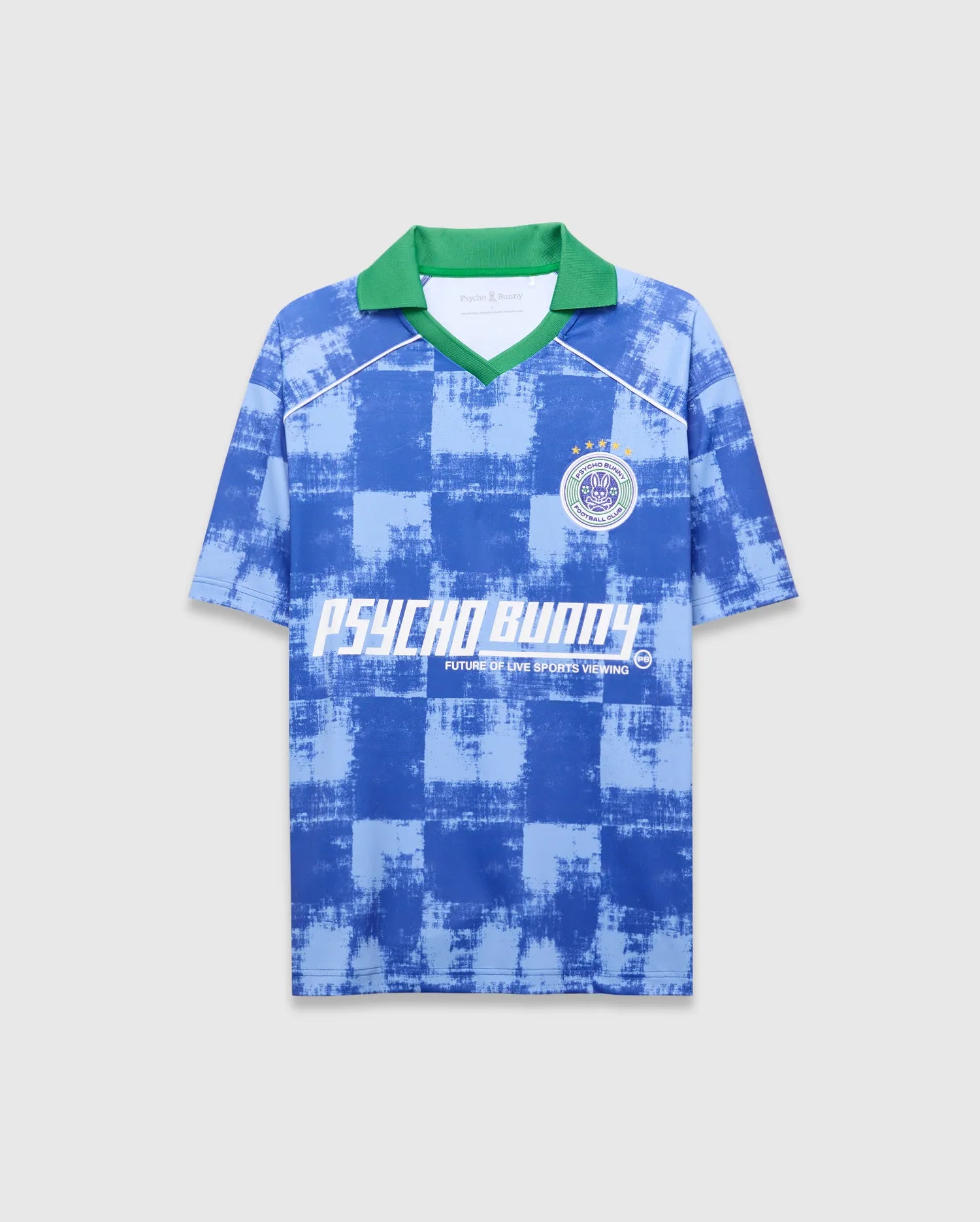 Blue distressed checkerboard Mens Micah Oversized Soccer Jersey with a vibrant green collar, white V-neck trim, shoulder piping, a Psycho Bunny Football Club crest, and large PSYCHO BUNNY text on the front. (5)