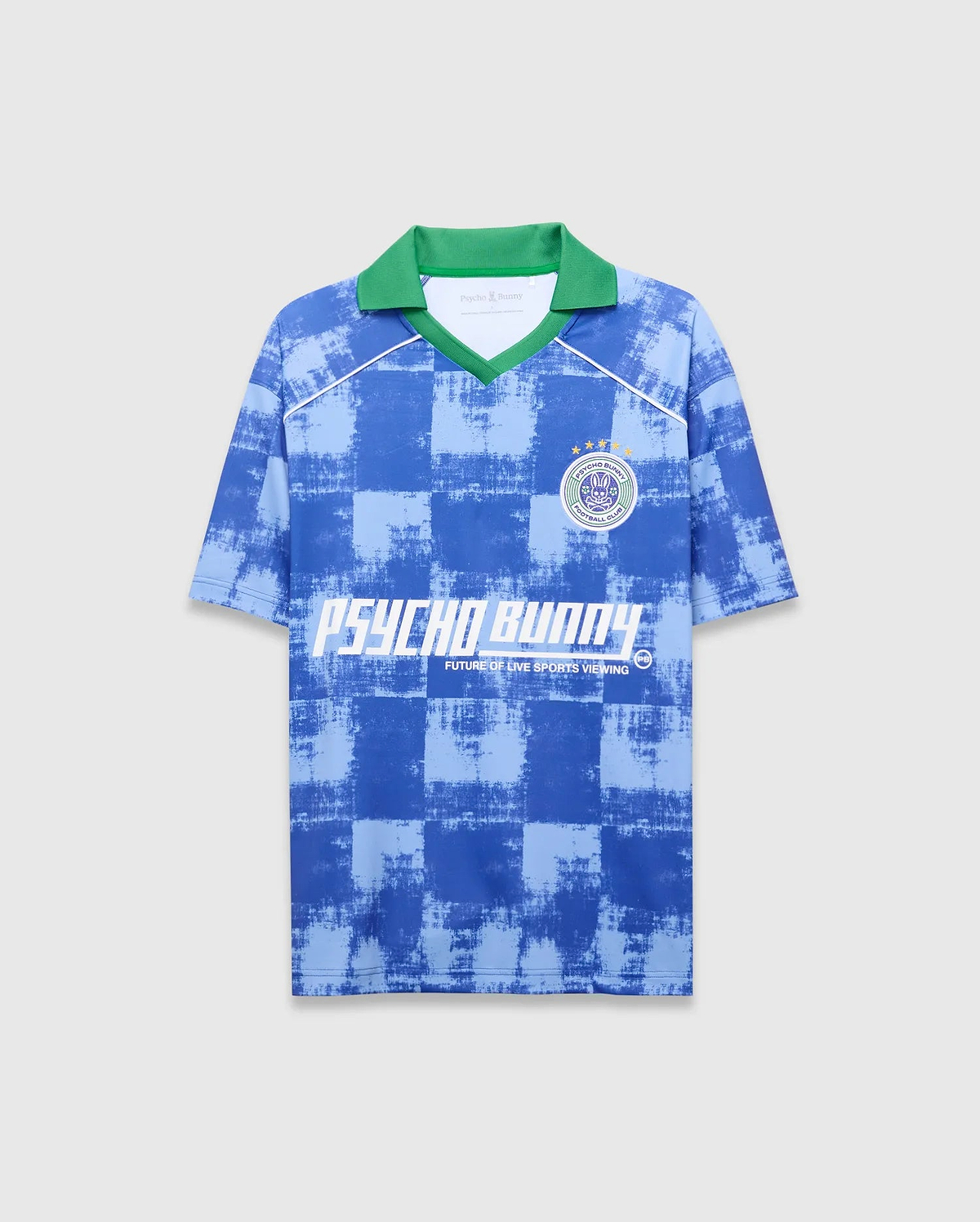 Blue distressed checkerboard Mens Micah Oversized Soccer Jersey with a vibrant green collar, white V-neck trim, shoulder piping, a Psycho Bunny Football Club crest, and large PSYCHO BUNNY text on the front. (5)