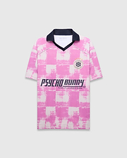 Mens Micah Oversized Soccer Jersey in pink and white distressed checkered jersey knit, featuring a navy collar, left chest Psycho Bunny Football Club patch, and large Psycho Bunny text graphic with Future Of Live Sports Viewing. (5)