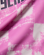 Mens Micah Oversized Soccer Jersey in vibrant pink with a white distressed brushstroke pattern and partial dark grey SL and FUTU graphic print on textured jersey fabric. (6)