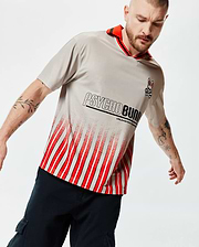 Mens Camden Oversized Soccer Jersey, light grey jersey knit, red striped collar, small Psycho Bunny skull logo, large Psycho Bunny text with Unleashing Possibilities, and a distressed red and white vertical stripe pattern. (3)
