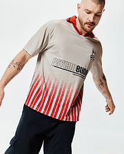 Mens Camden Oversized Soccer Jersey, light grey jersey knit, red striped collar, small Psycho Bunny skull logo, large Psycho Bunny text with Unleashing Possibilities, and a distressed red and white vertical stripe pattern. (3)