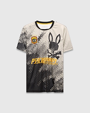 Mens Joshua Soccer Tee in black and off-white with a geometric triangle fade, featuring an embroidered red and gold Psycho Bunny Football Club crest, large bunny skull graphic, and yellow Psycho Bunny text. (5)