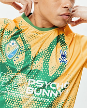 Mens Joshua Soccer Tee, gold and emerald green performance jersey with a geometric gradient pattern. Features an embroidered Psycho Bunny FC shield, blue bunny skull logo, and large PSYCHO BUNNY text. (3)