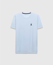 Light blue Mens Taylor Pique Tee, classic fit, featuring a small embroidered dark blue Psycho Bunny skull logo on the left chest and dark blue branded neck tape.