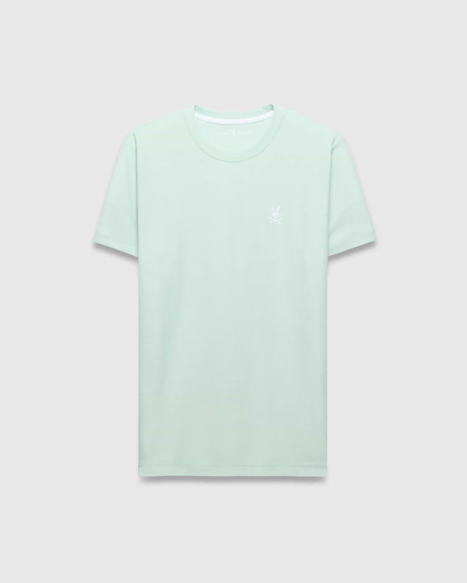 Mens Taylor Pique Tee, a classic fit light mint green pique knit t-shirt with a small white embroidered Psycho Bunny skull logo on the left chest and white neck trim.