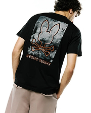 Black classic fit jersey t-shirt with a large back graphic featuring an orange outlined Psycho Bunny skull and crossbones over a grey pixelated background, with PSYCHO BUNNY text below. Men's Alfie Back Graphic Tee. (1)