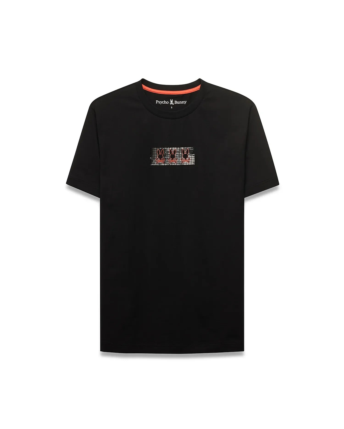 Black Men's Alfie Back Graphic Tee, a classic fit jersey t-shirt with a small pixelated multi-color bunny skull chest graphic, orange neck tape, and Psycho Bunny branding. (5)
