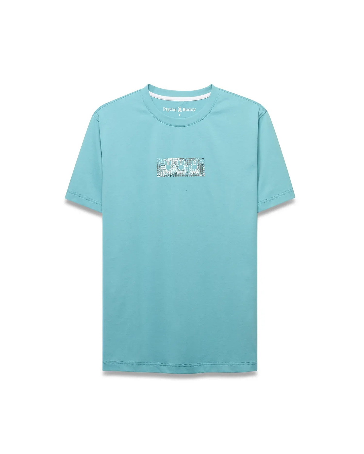 Men's Alfie Back Graphic Tee. Classic fit aqua jersey t-shirt featuring a large rectangular front chest graphic with a repeating white, grey, and black Psycho Bunny skull pattern. Small logo at back neck. (5)