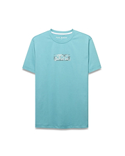 Men's Alfie Back Graphic Tee. Classic fit aqua jersey t-shirt featuring a large rectangular front chest graphic with a repeating white, grey, and black Psycho Bunny skull pattern. Small logo at back neck. (5)