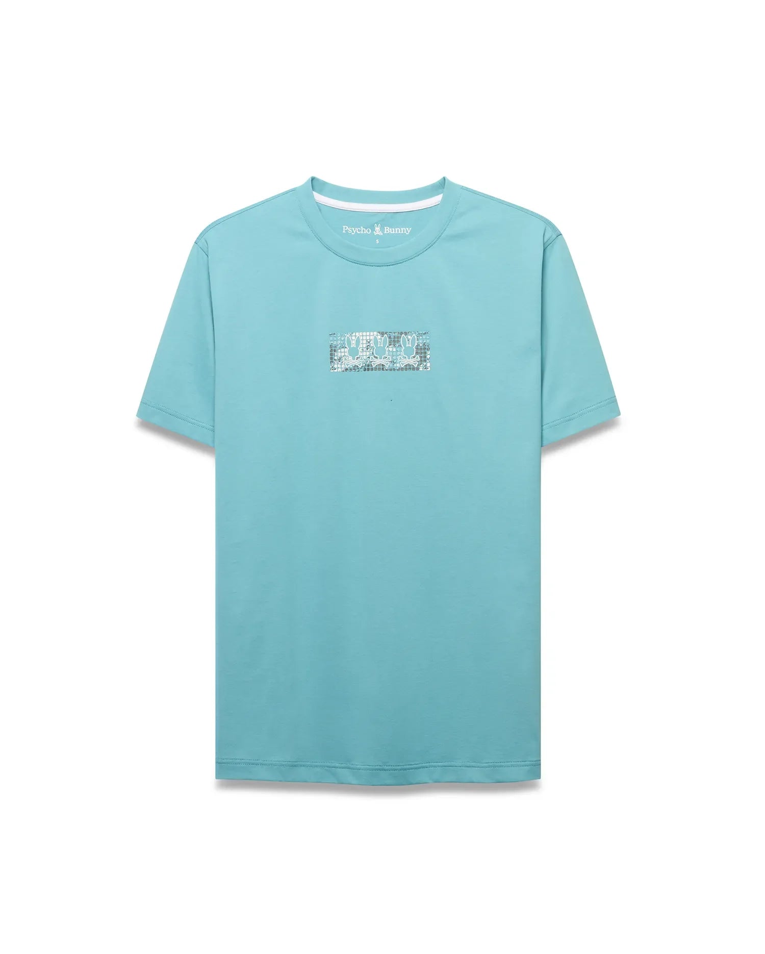 Men's Alfie Back Graphic Tee. Classic fit aqua jersey t-shirt featuring a large rectangular front chest graphic with a repeating white, grey, and black Psycho Bunny skull pattern. Small logo at back neck. (5)